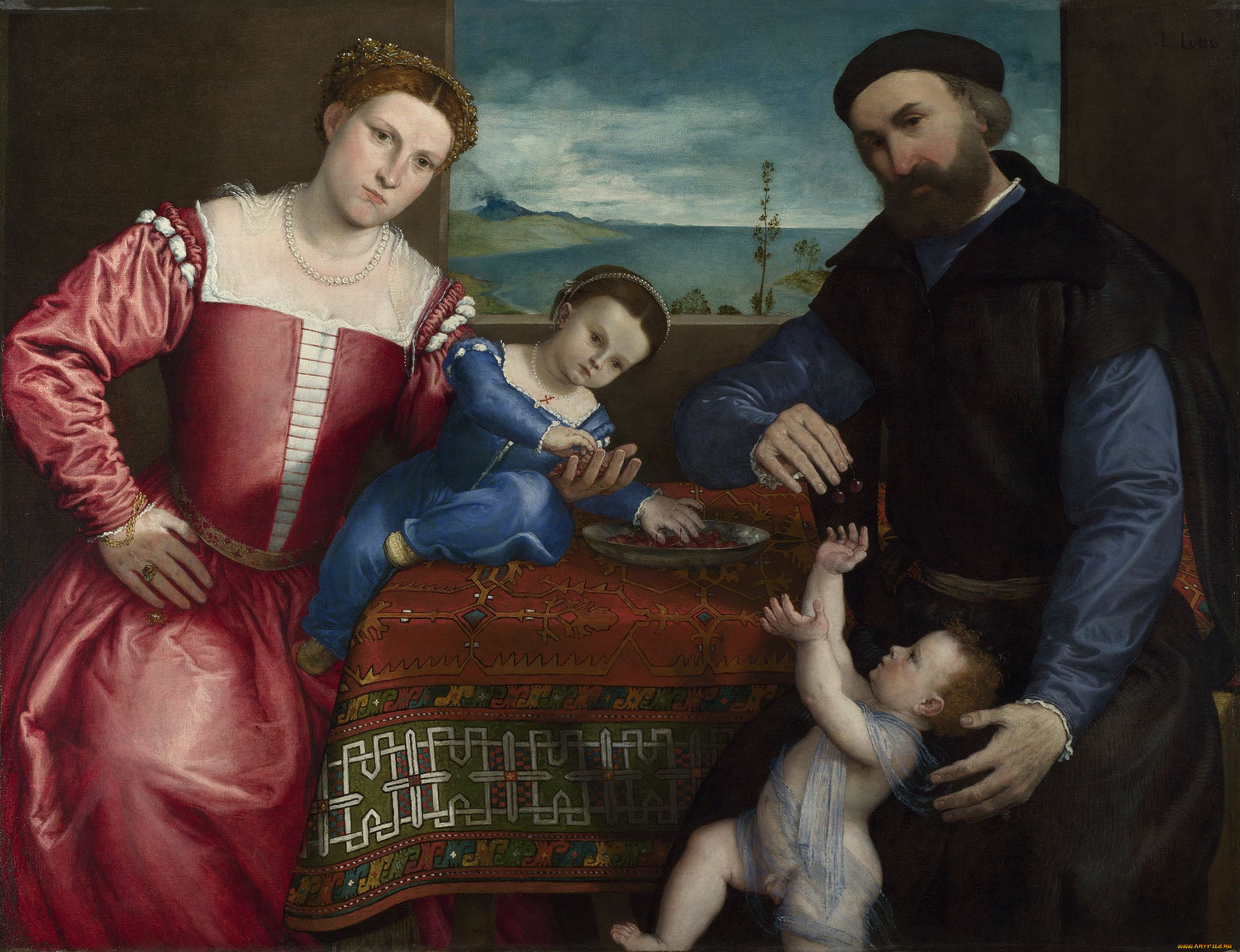 lorenzo, lotto, portrait, of, giovanni, della, volta, with, his, wife, and, children, 